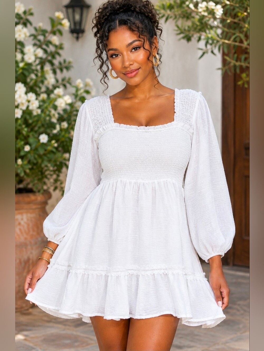NEW!! White Smocked Square-Neck Mini Dress, Sz XL, NWT
